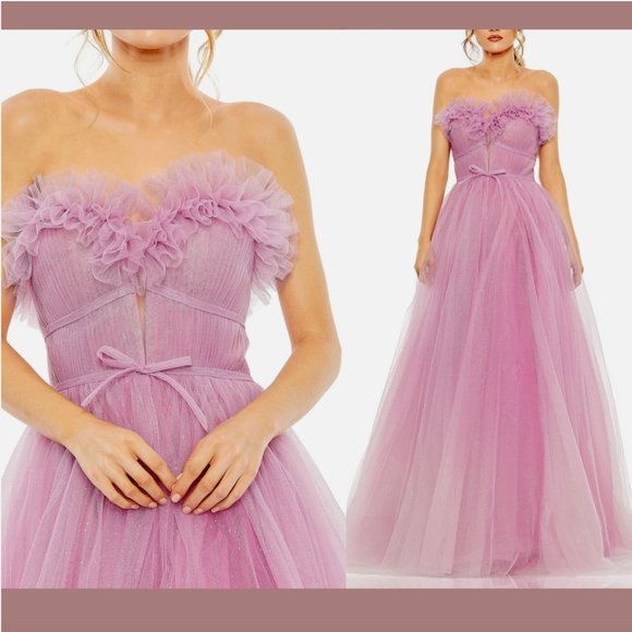 NWT $598 Mac Duggal [ 14 ] Strapless Ruffle Glitter Tulle Gown Lilac Ombre #Q653 - Picture 1 of 16